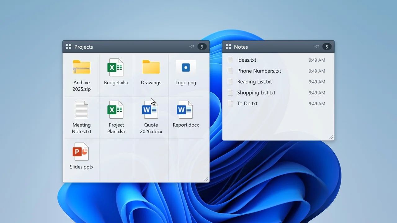 Grid or list view; files stay exactly where you drop them