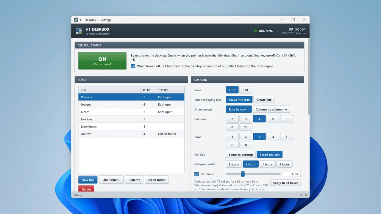 Boxes, grid and view settings in one window